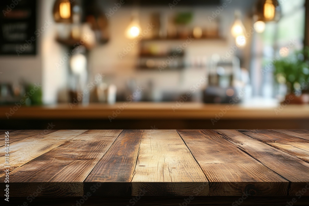 Rustic wooden table, cafe background, bokeh lights, product display (4) Rustic wooden table, cafe background, bokeh lights, product display (4)