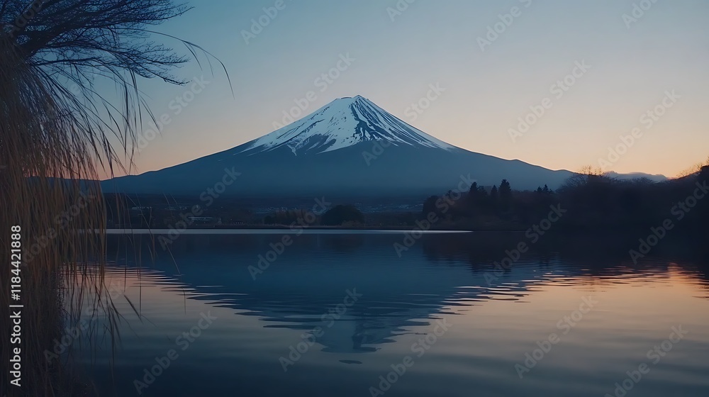 Majestic Mount Fuji Reflecting in Calm Water at Dusk Majestic Mount Fuji Reflecting in Calm Water at Dusk