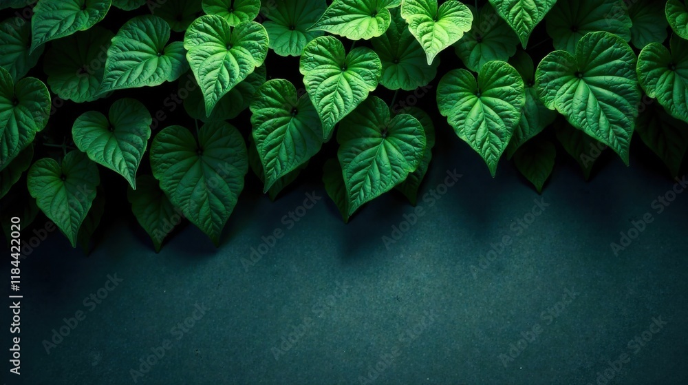 Fototapeta premium Lush Green Heart-Shaped Leaves on Dark Background, Perfect for Nature-Themed Designs