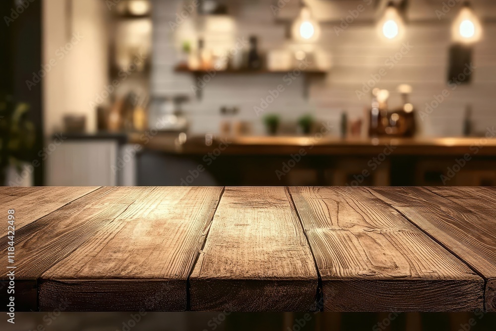 Rustic wooden table, kitchen background, cafe setting, product display Rustic wooden table, kitchen background, cafe setting, product display