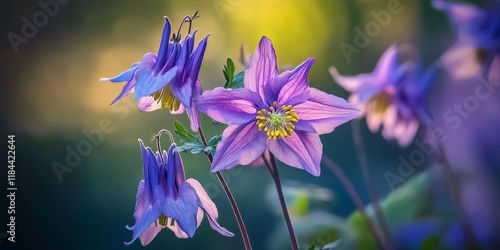 Aquilegia, commonly known as granny s bonnet or columbine, belongs to a genus of perennial plants typically thriving in meadows and woodlands, showcasing their beauty in nature s landscape. photo