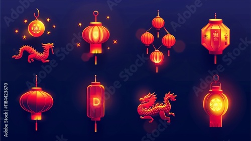 Chinese New Year Lanterns and Dragons: A vibrant collection of illuminated Chinese lanterns and dragons, symbolizing good luck, prosperity, and joy. Perfect for celebrations, festivals. photo