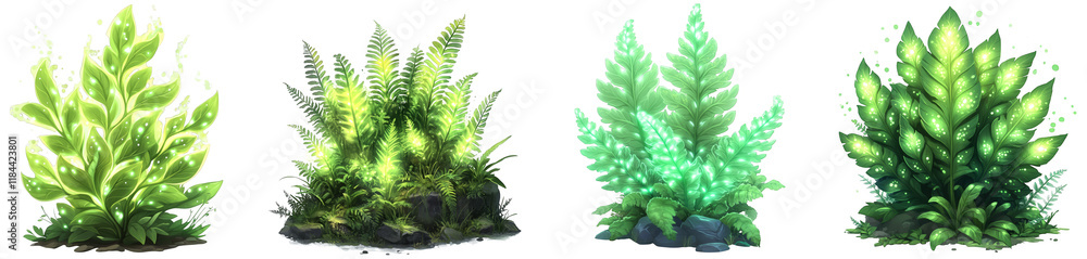 Lush green mystical plants glowing in various shapes and sizes for magical settings Lush green mystical plants glowing in various shapes and sizes for magical settings
