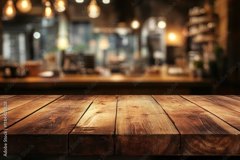 Rustic wooden table, cafe background, bokeh lights, product display Rustic wooden table, cafe background, bokeh lights, product display