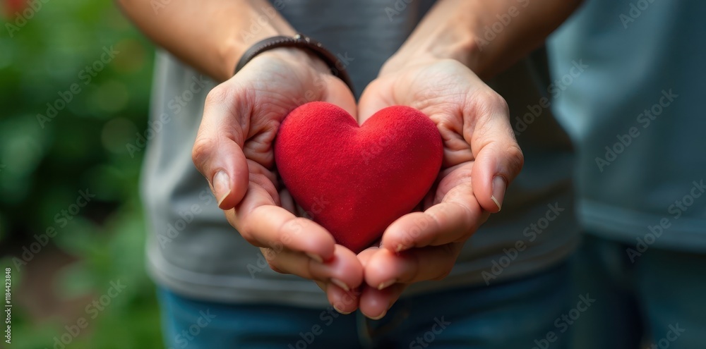 Close-up of diverse hands holding a single red heart , love, embrace Close-up of diverse hands holding a single red heart , love, embrace