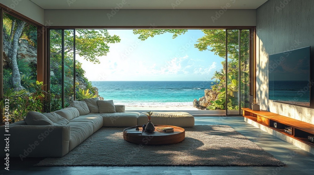 Fototapeta premium Luxurious beachfront living room with ocean view. (1)