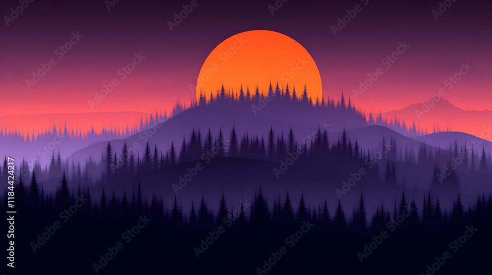 Obraz premium Sunset Forest Landscape Illustration