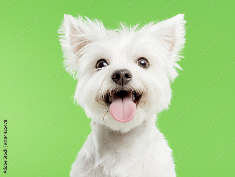 Happy white West Highland Terrier with a clean green background. Its bright expression and adorable look make it perfect for cheerful pet-themed designs. Happy white West Highland Terrier with a clean green background. Its bright expression and adorable look make it perfect for cheerful pet-themed designs.