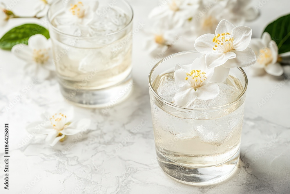 Jasmine tea-infused gin and tonic, floral and refreshing with a modern cocktail aesthetic