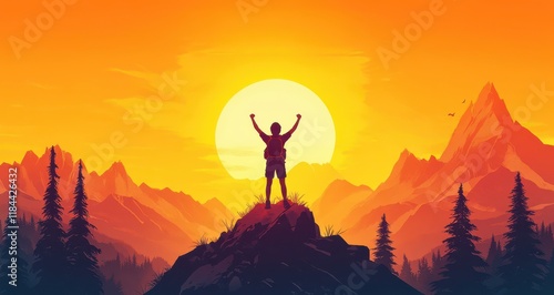 A man is standing on a mountain top, with a large sun in the background. Generative AI