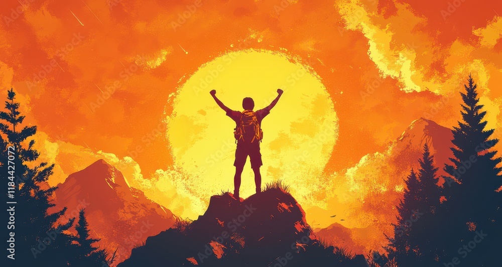 A man is standing on a mountain top, with a large orange sun in the background. Generative AI A man is standing on a mountain top, with a large orange sun in the background. Generative AI