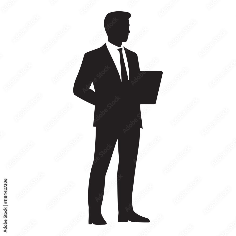 Businessman with a laptop in hand silhouette vector illustration Businessman with a laptop in hand silhouette vector illustration