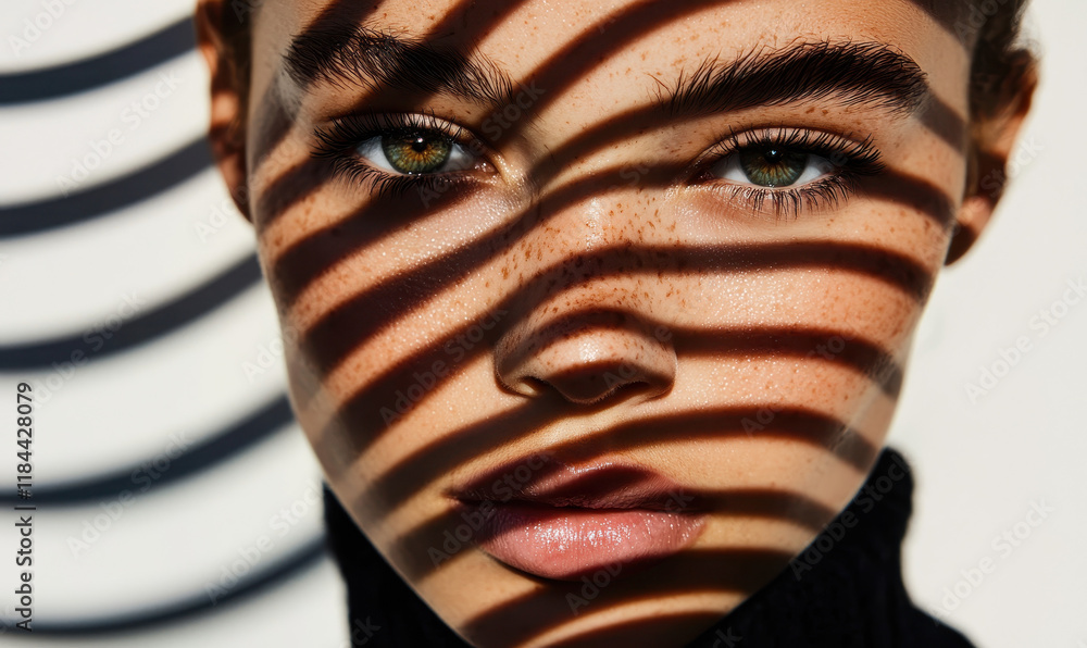 Captivating Portrait with Dramatic Shadow Play Highlighting Freckles and Intense Expression Captivating Portrait with Dramatic Shadow Play Highlighting Freckles and Intense Expression