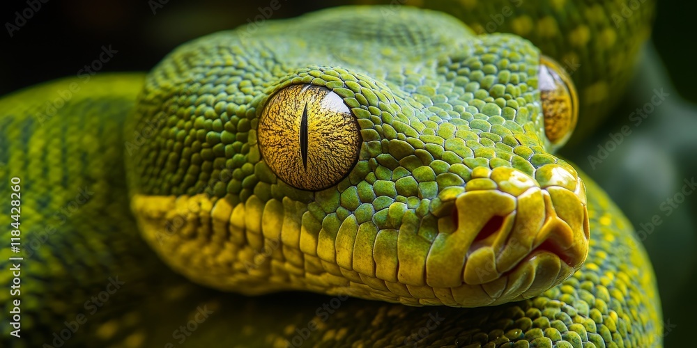 Naklejka premium Close up of a green tree python showcasing its vibrant scales and unique features, highlighting the intricate details of the eye of a green tree python in a captivating manner.