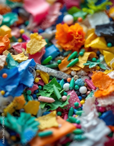 A Vibrant Hodgepodge of Colorful Paper Confetti and Plastic Beads Close Up Abstract photo