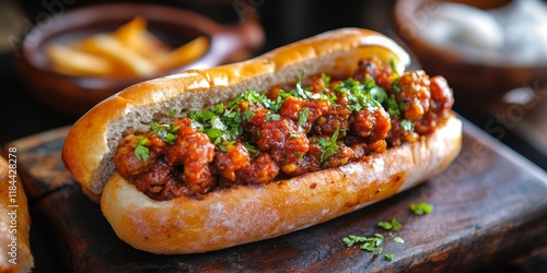 Choripan, a delicious sandwich featuring chorizo and flavorful creole sauce, is a classic choice for those looking to enjoy choripan s unique taste and satisfying experience. photo