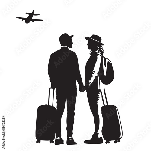 Husband and wife traveling with luggage bag on airport silhouette vector illustration