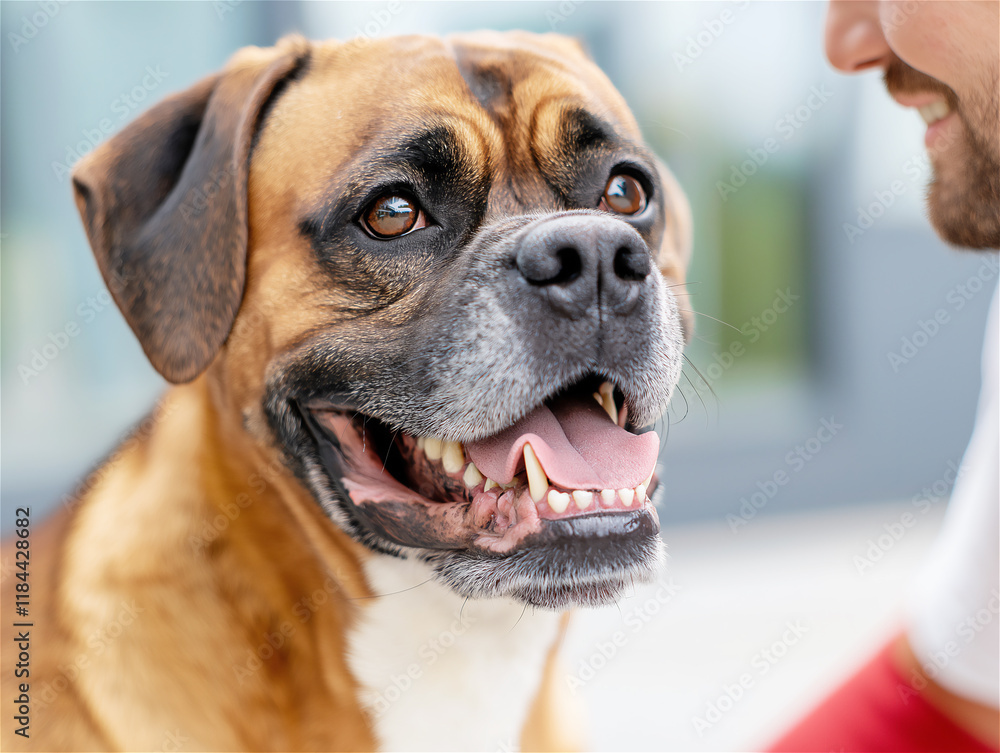 Fototapeta premium Close-up of a happy, friendly Boxer dog with bright eyes and a cheerful expression, showcasing its lovable and approachable nature.