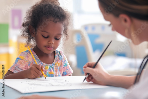 Child engaged in creative drawing activity with an instructor in a bright classroom setting during the afternoon