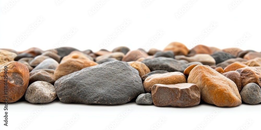 Obraz premium Isolated brown stones on a white background showcase the beauty of natural brown stone. A garden decorated with brown stone and gravel creates a serene landscape featuring brown stone elements.