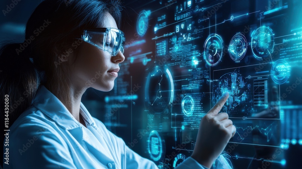 Futuristic Woman Analyzing Data on Digital Interface in Sci Fi Environment Futuristic Woman Analyzing Data on Digital Interface in Sci Fi Environment