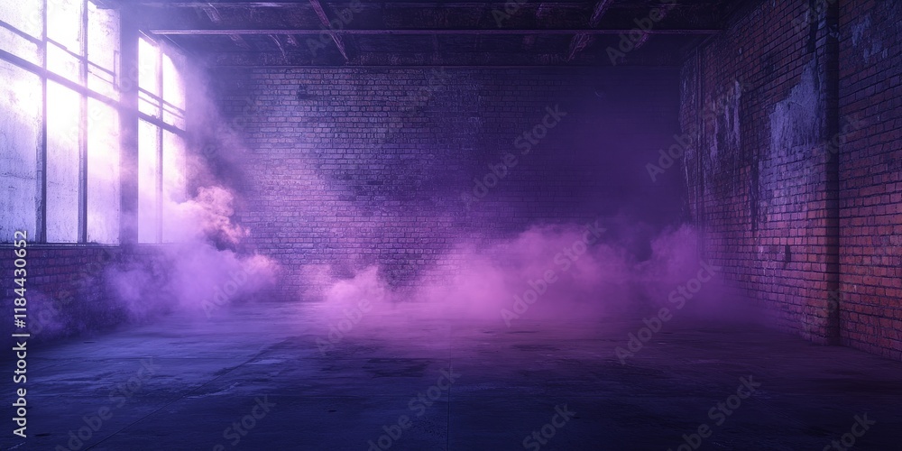 Obraz premium Dark, empty room featuring old brick walls and a concrete floor, with smoke and dust creating an atmosphere of smog. The scene is illuminated by violet abstract light in a night view.