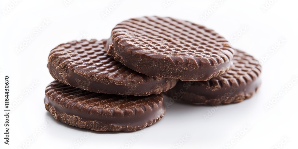 Close up view of sweet chocolate wafers isolated on a white background, showcasing the delightful texture and rich flavor of sweet chocolate wafers in a visually appealing presentation. Close up view of sweet chocolate wafers isolated on a white background, showcasing the delightful texture and rich flavor of sweet chocolate wafers in a visually appealing presentation.