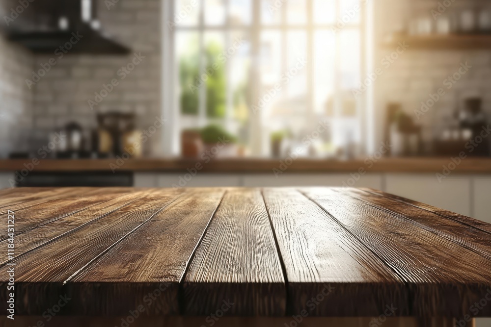 Rustic wooden table, kitchen background, sunlight, product display (2) Rustic wooden table, kitchen background, sunlight, product display (2)