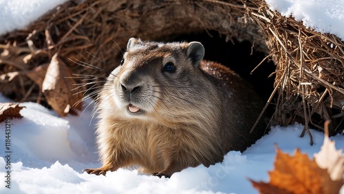 Groundhog Peeking Out Of Its Burrow On A Sunn photo