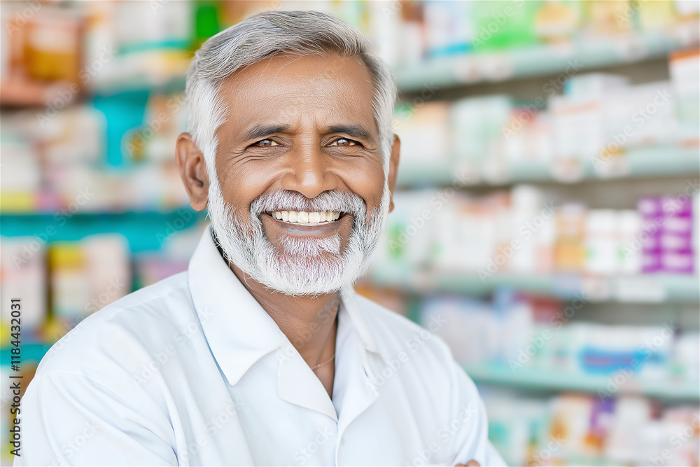 Obraz premium A senior pharmacist smiling warmly inside a brightly lit pharmacy. The professional expertise and care are evident in his expression, fostering trust and reliability.