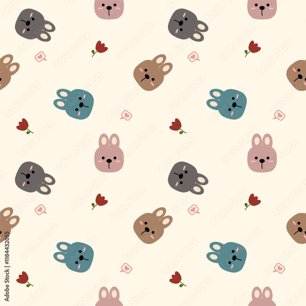 Fototapeta premium Face rabbit cartoon so cute. On flower heart background. Pattern seamless vector illustration. 