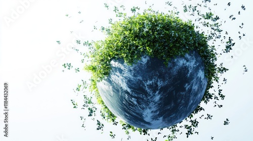 Greening Earth Leaves sprout, globe regenerates, bright background, environmental campaign photo