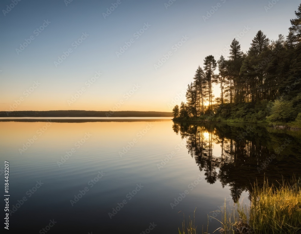 Fototapeta premium Serene Sunset Reflection on Calm Lake with Silhouetted Pine Trees