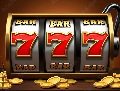 Slot machine with spinning reels displaying lucky sevens and coins scattered on the table, evoking excitement in a gaming atmosphere