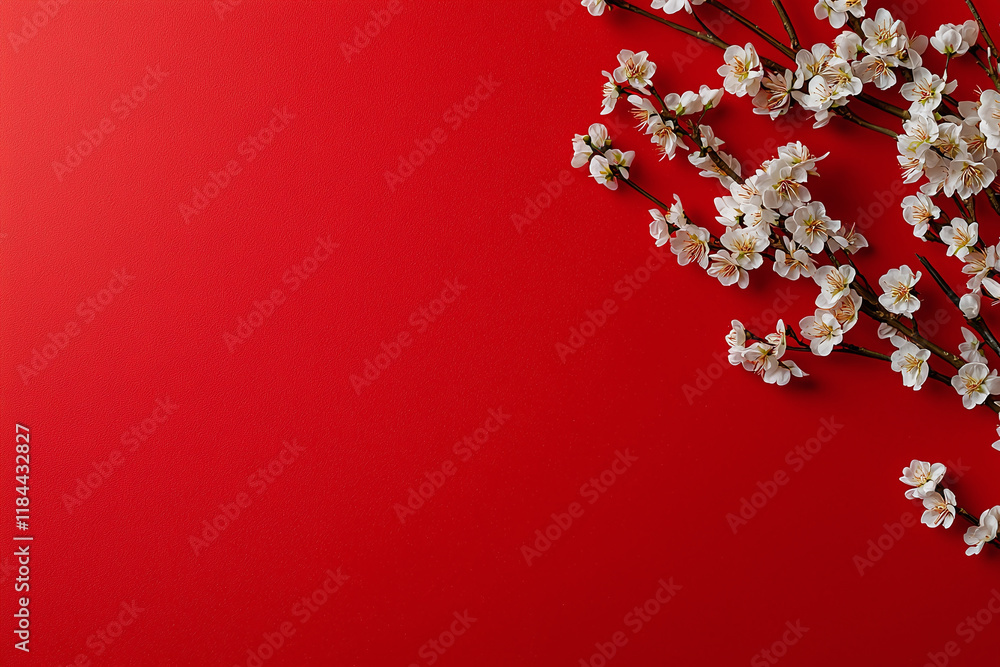 Bright red backdrop with delicate white cherry blossom flowers, creating vibrant and cheerful atmosphere. Perfect for spring themes and celebrations Bright red backdrop with delicate white cherry blossom flowers, creating vibrant and cheerful atmosphere. Perfect for spring themes and celebrations