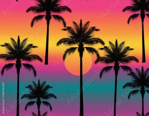 Silhouette Palm Trees at Sunset: Vibrant Tropical Seamless Pattern