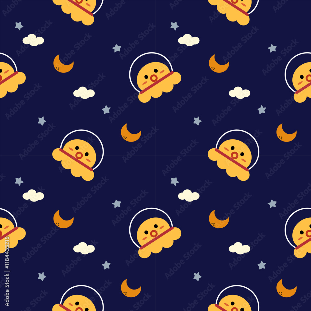 Squid in the space cartoon so cute. On star moon cloud blue background. Pattern seamless vector illustration. . Squid in the space cartoon so cute. On star moon cloud blue background. Pattern seamless vector illustration. .
