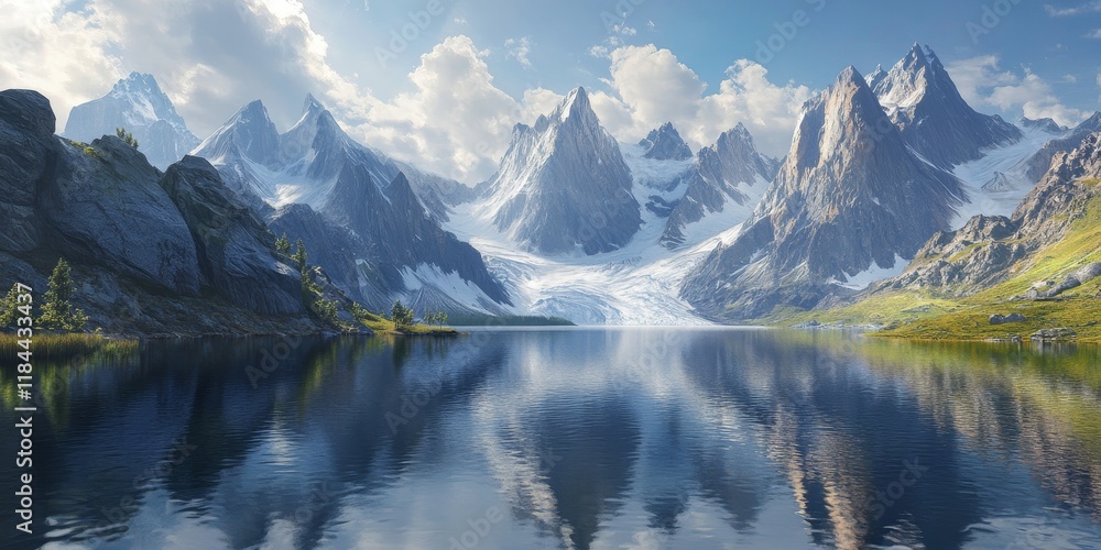 Alpine lake surrounded by towering mountains and glaciers showcases the beauty of nature. This stunning Alpine lake reflects dreamy peaks and enchanting scenery in a vertical composition. Alpine lake surrounded by towering mountains and glaciers showcases the beauty of nature. This stunning Alpine lake reflects dreamy peaks and enchanting scenery in a vertical composition.