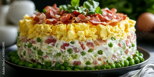 Delicious homemade seven layer salad featuring eggs, bacon, peas, and crisp lettuce, perfect for gatherings or a nourishing meal. This seven layer salad combines fresh ingredients for a delightful photo