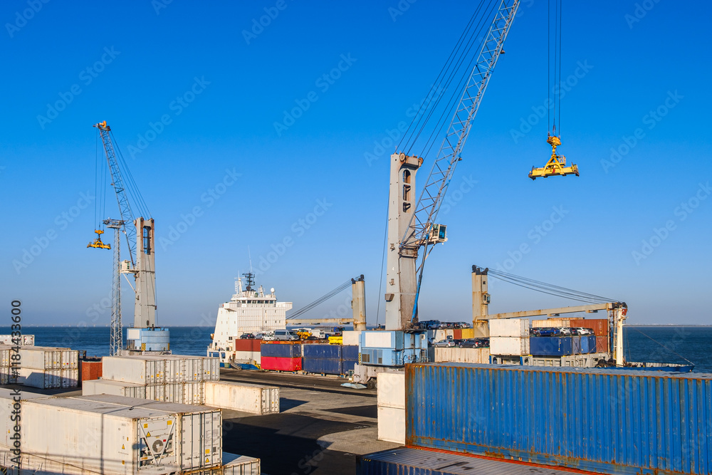 Cargo port busy with loading a bulk carrier, port and deck cranes