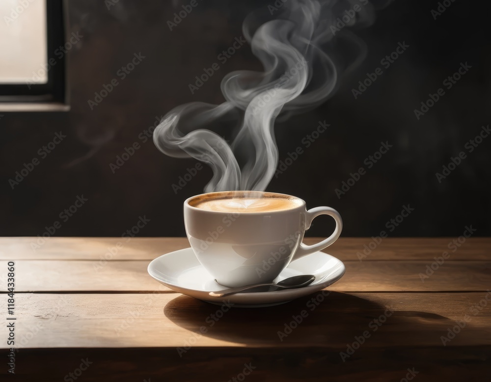Steam Rising from a Hot Cup of Latte Art Coffee on Wooden Table Steam Rising from a Hot Cup of Latte Art Coffee on Wooden Table