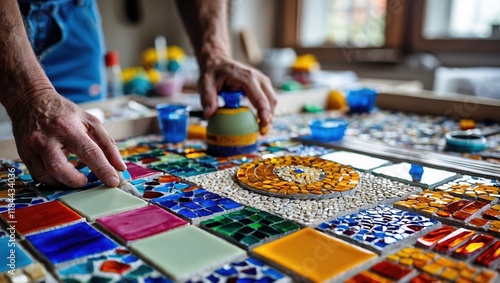 Hands arranging vibrant tiles in colorful mosaic creation process