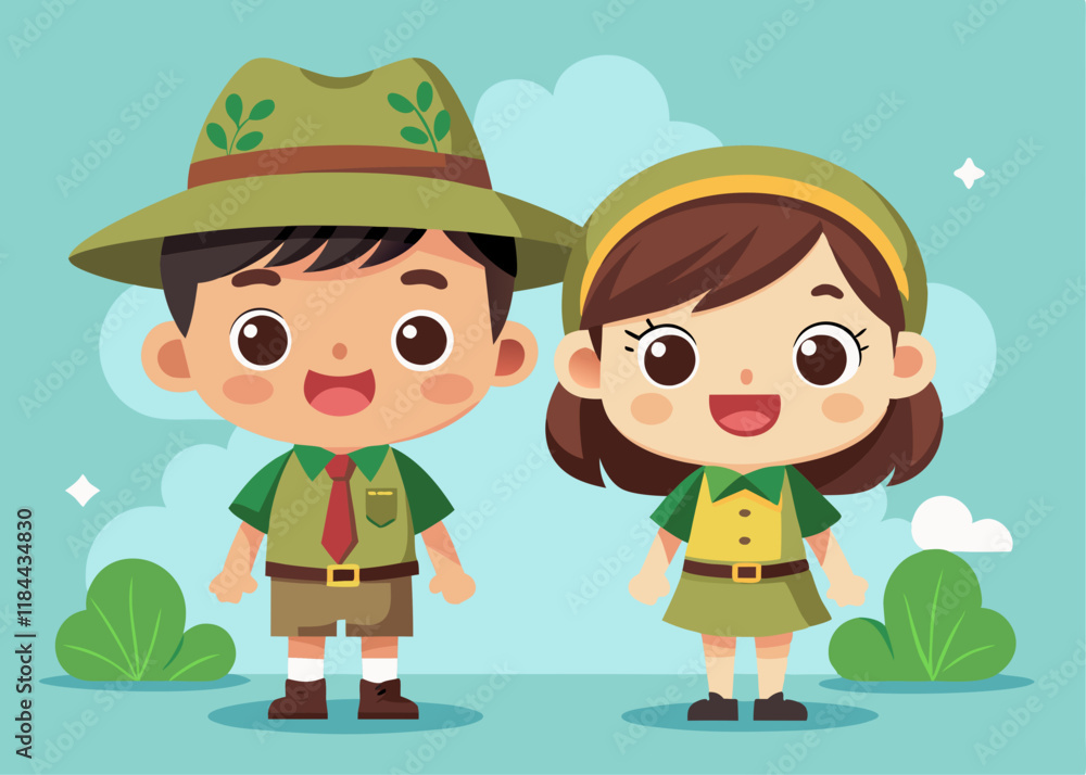 Cute Cartoon Scouts – Boy and Girl Characters in Chibi Style – Fun Scout Illustration Cute Cartoon Scouts – Boy and Girl Characters in Chibi Style – Fun Scout Illustration