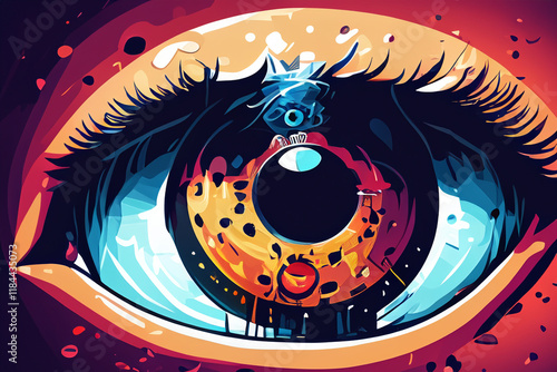 Close up of a man's eye. The eyeball looks into the blockchain. Image generated by artificial intelligence.