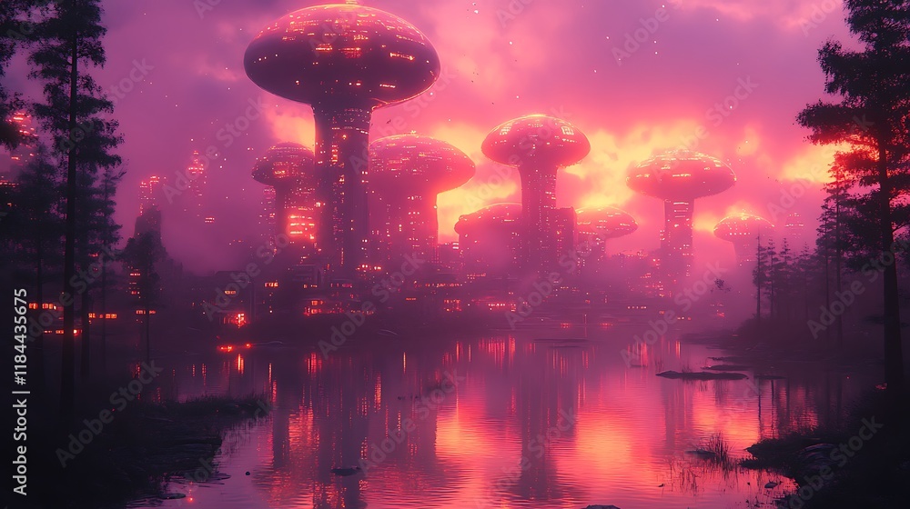 custom made wallpaper toronto digitalFuturistic Cityscape Reflected in Still Waters at Dusk