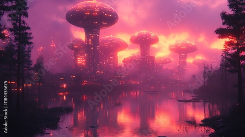 Wallpaper Mural Futuristic Cityscape Reflected in Still Waters at Dusk Torontodigital.ca