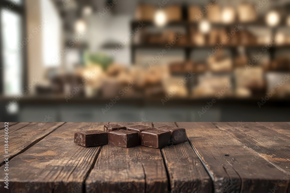 Dark chocolate squares on rustic wood, bakery background, food photography Dark chocolate squares on rustic wood, bakery background, food photography