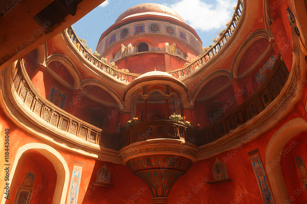 Obraz premium Sunlit interior of a grand, ornate red building with balconies and a domed ceiling. Rich textures and intricate details.