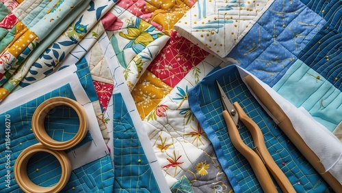 Cozy Flat Lay of Colorful Quilted Fabrics and Tools