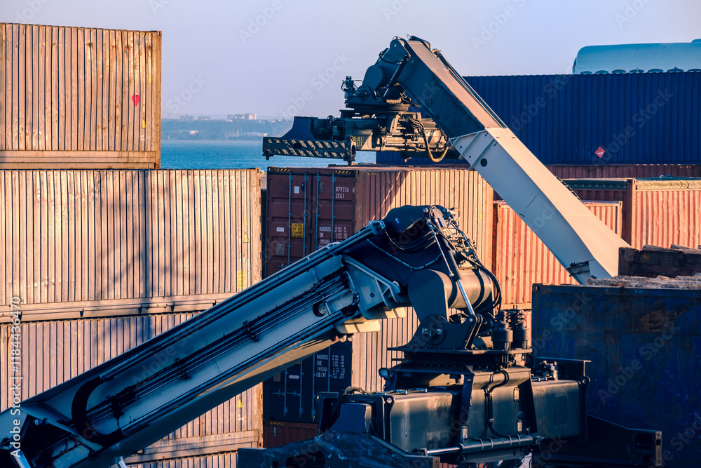 Reach stacker arm handling shipping containers at a port facility